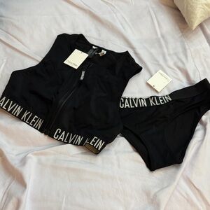 Calvin Klein Black Branded Zip Sports Bra and Bikini Brief